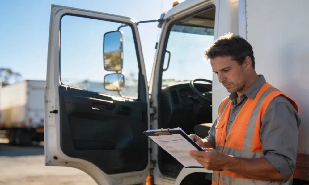 An owner driver in a hi-vis vest reviewing paperwork beside an open truck door in a truck yard.
