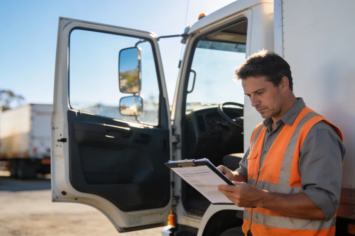 An owner driver in a hi-vis vest reviewing paperwork beside an open truck door in a truck yard.