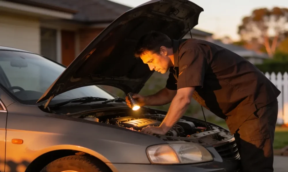 A mechanic checking a car engine in a suburban driveway in the late afternoon sun.