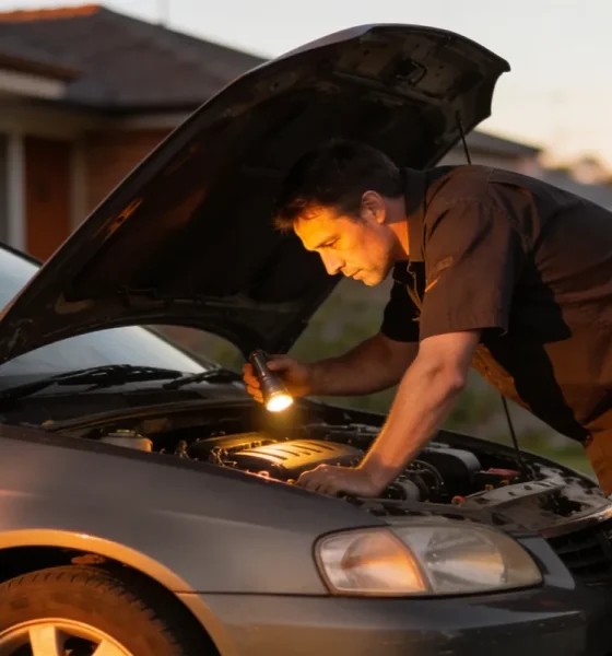 A mechanic checking a car engine in a suburban driveway in the late afternoon sun.
