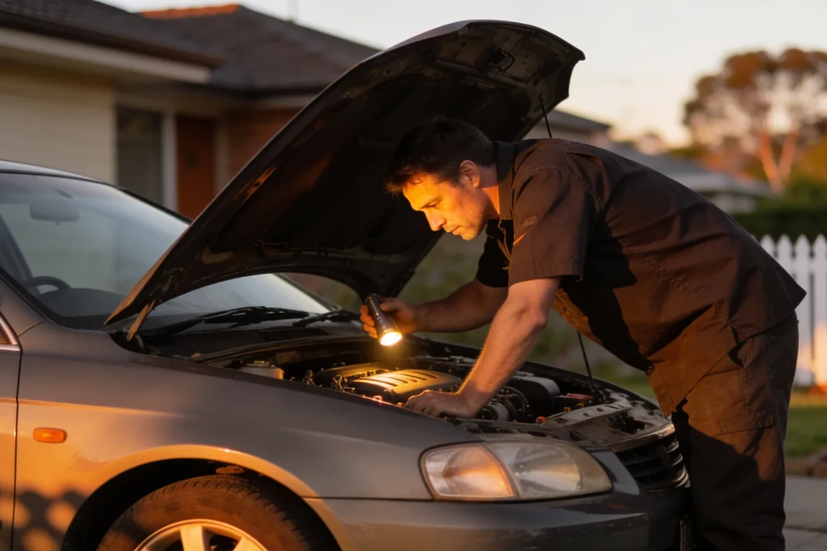 A mechanic checking a car engine in a suburban driveway in the late afternoon sun.