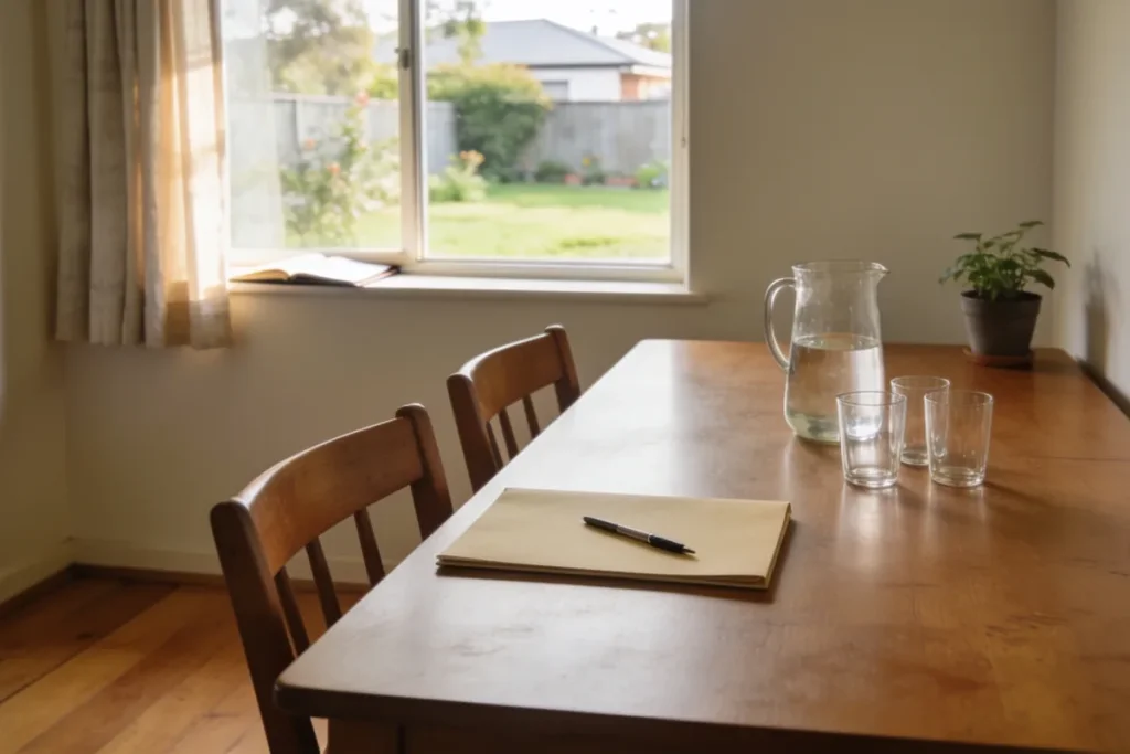 A timber dining table in an ordinary Australian home set for a meeting that has not started, with a glass jug and three glasses, a closed manila folder and pen and a potted plant, morning light coming through a curtained window onto a timber floor