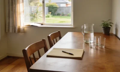A timber dining table in an ordinary Australian home set for a meeting that has not started, with a glass jug and three glasses, a closed manila folder and pen and a potted plant, morning light coming through a curtained window onto a timber floor