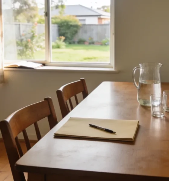 A timber dining table in an ordinary Australian home set for a meeting that has not started, with a glass jug and three glasses, a closed manila folder and pen and a potted plant, morning light coming through a curtained window onto a timber floor