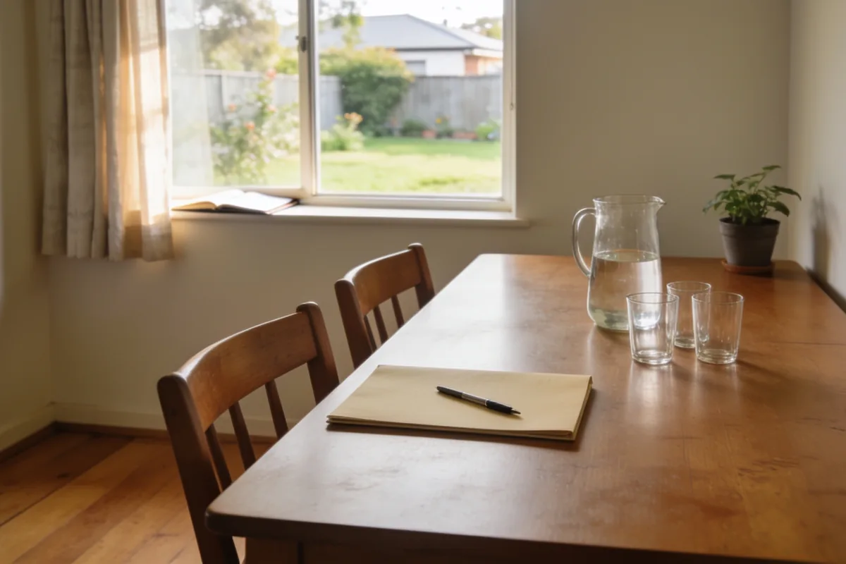 A timber dining table in an ordinary Australian home set for a meeting that has not started, with a glass jug and three glasses, a closed manila folder and pen and a potted plant, morning light coming through a curtained window onto a timber floor