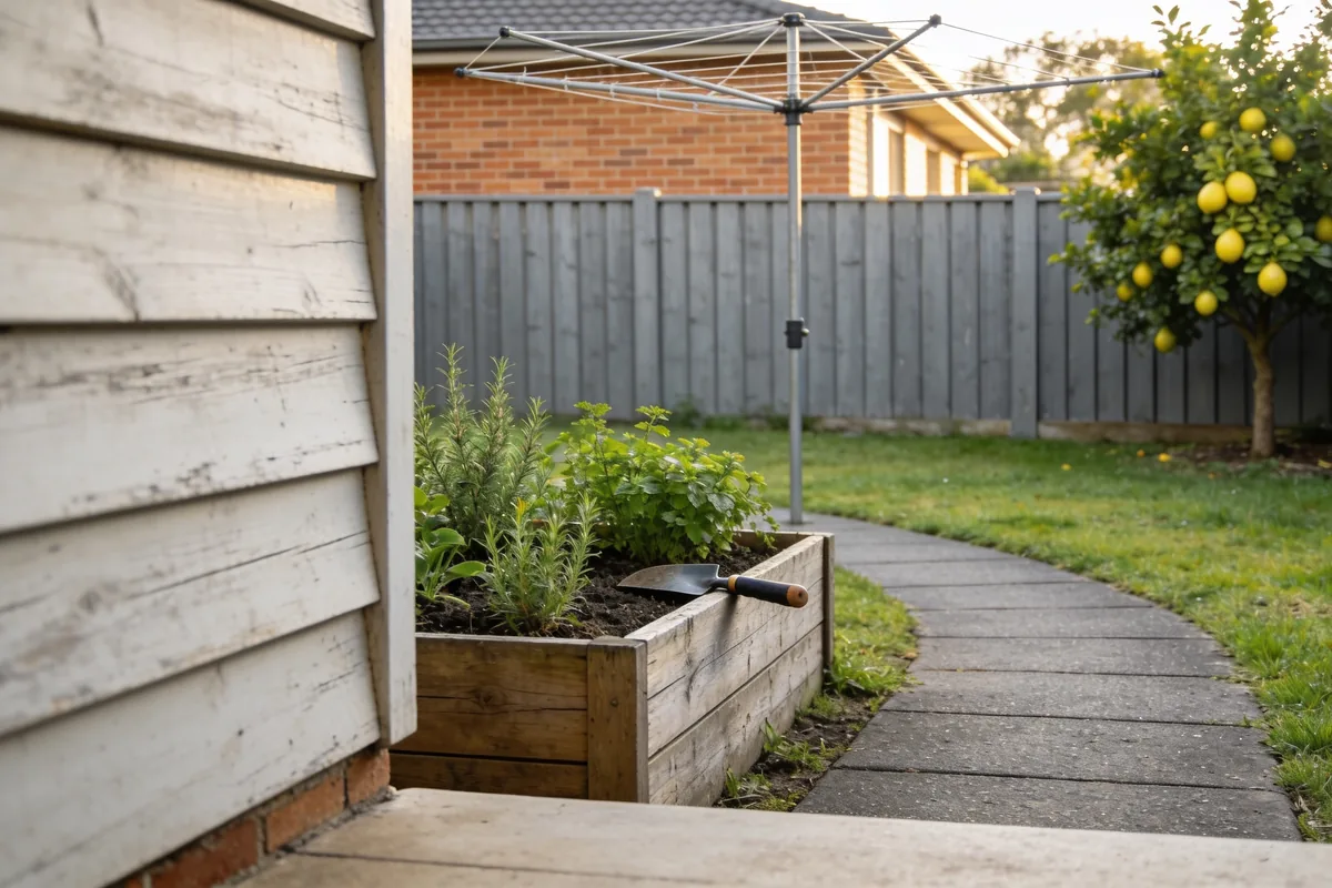 An Australian back yard on a clear morning seen from the back step, with an empty rotary clothes line, a raised timber garden bed of herbs with a hand trowel resting on its edge, a curving paved path and a lemon tree against a paling fence