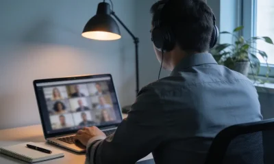 Professional in headphones at a home-office desk during a video meeting on a laptop.