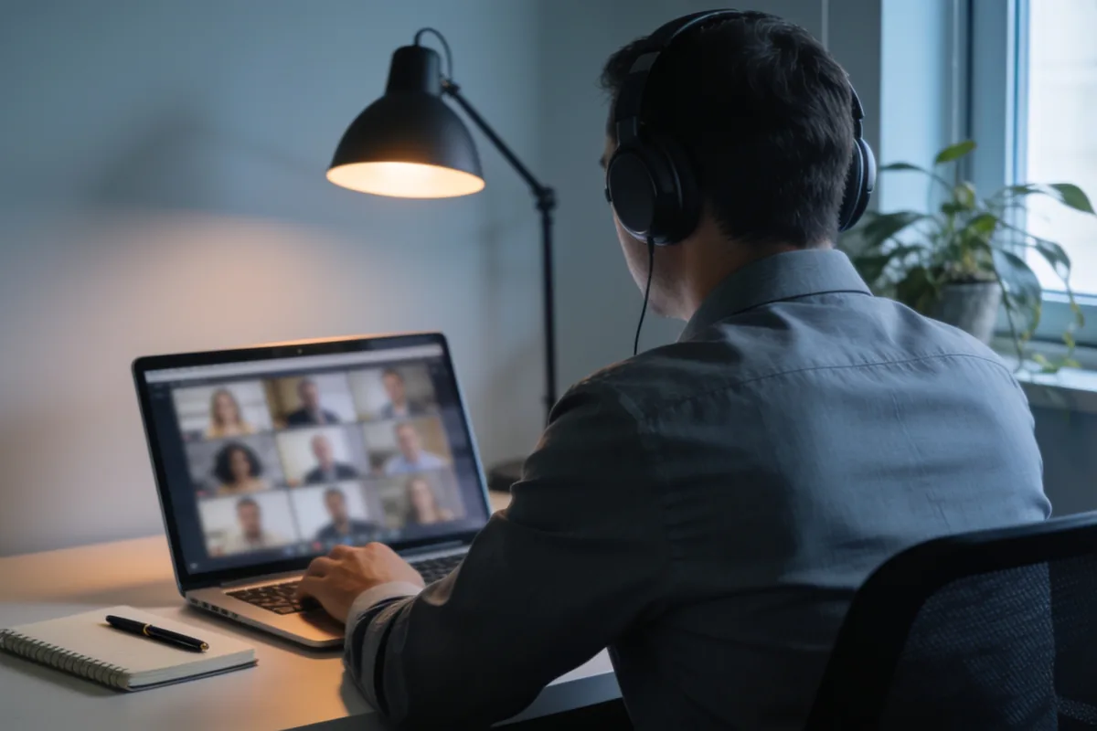 Professional in headphones at a home-office desk during a video meeting on a laptop.