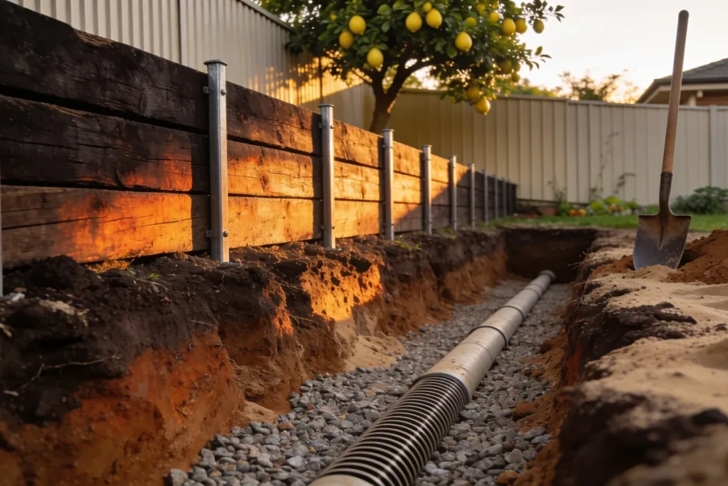 A domestic retaining wall of dark timber sleepers held by steel posts seen from the excavated side, with an open trench of coarse gravel and a slotted drainage pipe along its base and a spade standing in the spoil beside a lemon tree above
