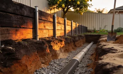 A domestic retaining wall of dark timber sleepers held by steel posts seen from the excavated side, with an open trench of coarse gravel and a slotted drainage pipe along its base and a spade standing in the spoil beside a lemon tree above