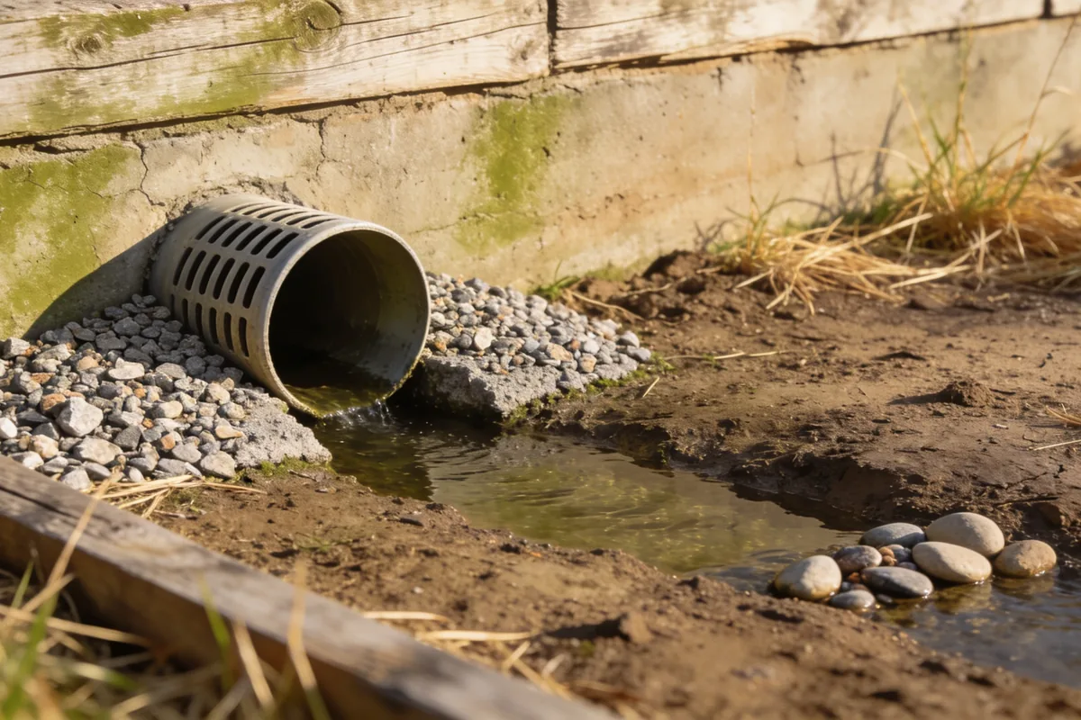 The outlet of a slotted drainage pipe emerging from a gravel bed at the base of a retaining wall, discharging into a shallow channel across bare ground, with river pebbles gathered at the outlet and dry grass at the edge of the frame