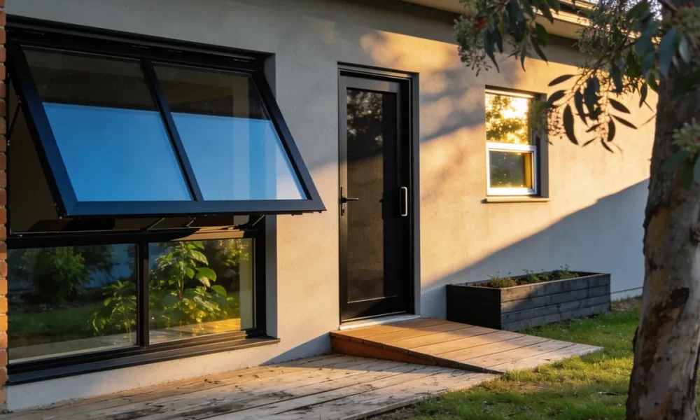 The rear wall of a modern Australian home in late-afternoon light, with a large black-framed awning window standing open outward from the bottom beside a black-framed door and a smaller window, above a timber deck and planter box with a gum tree in the foreground