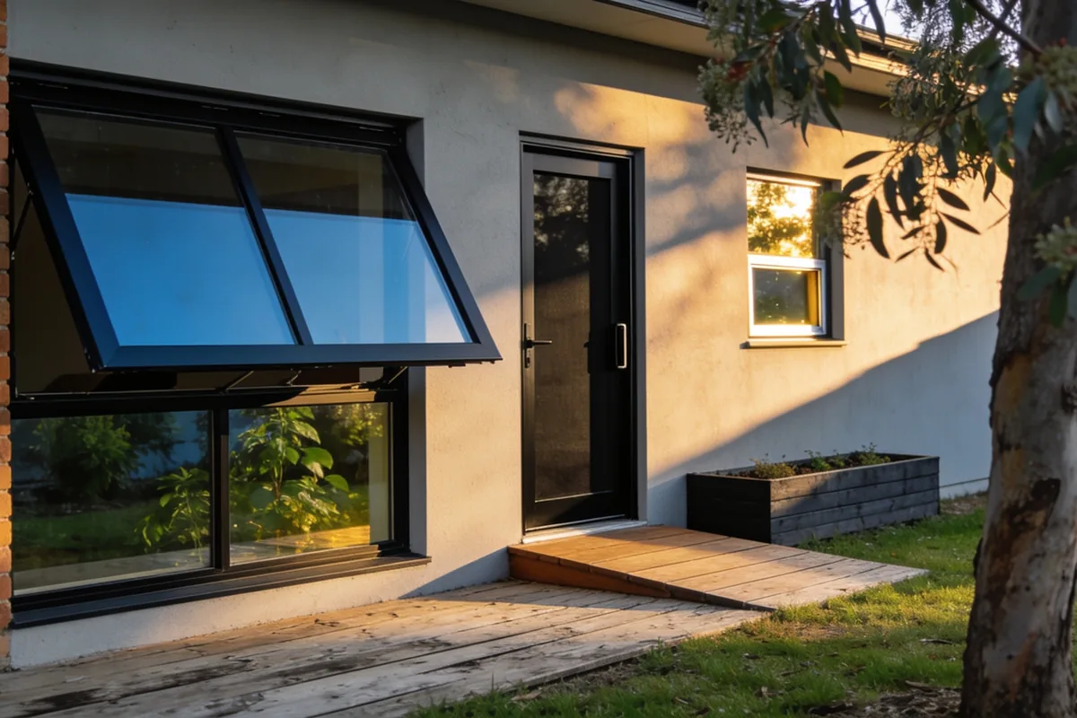 The rear wall of a modern Australian home in late-afternoon light, with a large black-framed awning window standing open outward from the bottom beside a black-framed door and a smaller window, above a timber deck and planter box with a gum tree in the foreground