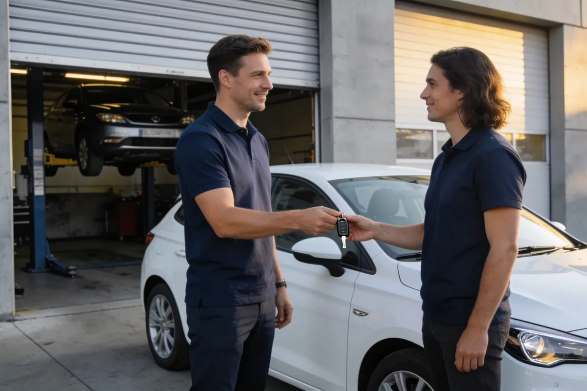 Service advisor handing car keys back to an owner beside a white European compact hatchback in a Melbourne service-centre forecourt