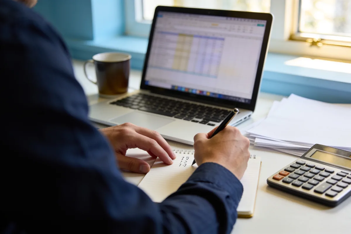Person reviewing tax papers and figures with a calculator at a tidy home-office desk in the morning.