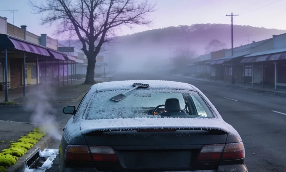 A dark sedan standing at the kerb of an empty country town street on a hard winter morning, its roof and rear window thickly frosted with an ice scraper lying on the boot and vapour drifting behind, shopfront awnings along the footpath and low hills disappearing into fog at the end of the street