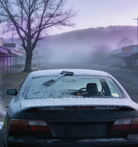 A dark sedan standing at the kerb of an empty country town street on a hard winter morning, its roof and rear window thickly frosted with an ice scraper lying on the boot and vapour drifting behind, shopfront awnings along the footpath and low hills disappearing into fog at the end of the street