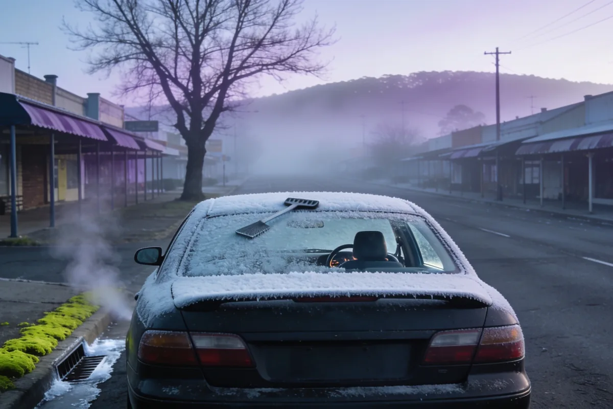 A dark sedan standing at the kerb of an empty country town street on a hard winter morning, its roof and rear window thickly frosted with an ice scraper lying on the boot and vapour drifting behind, shopfront awnings along the footpath and low hills disappearing into fog at the end of the street